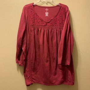 Plus 3x 3/4 Sleeve Pink Top with Crocheted Details